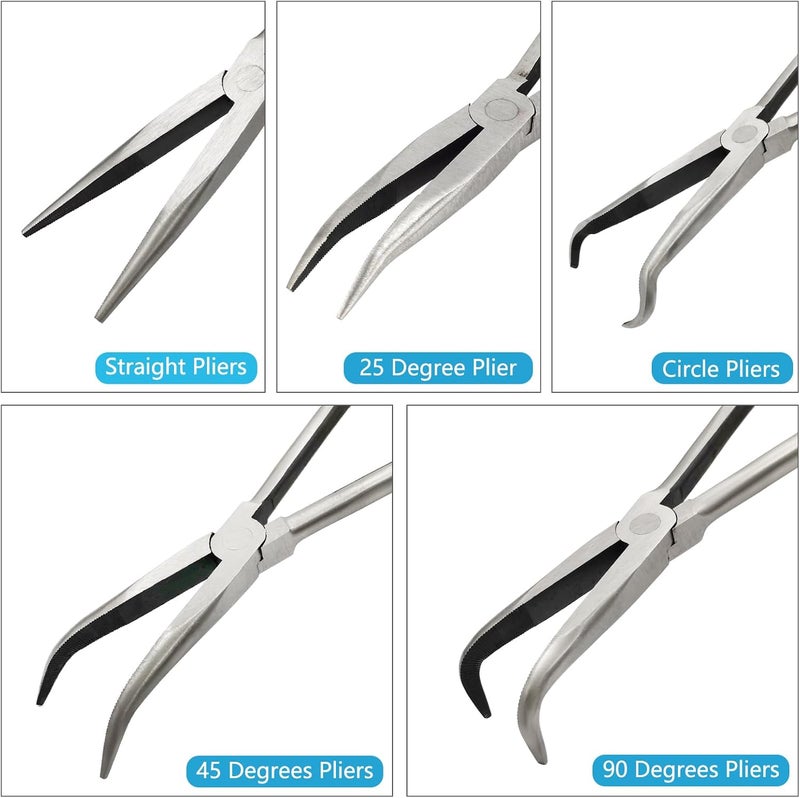 MFBJXC 5 Pack 11" Precision Long Nose Pliers Set with Insulated Comfort Grip Handles,Straight Long Needle Nose Pliers, 25/45/90° Curved & Circle for Wire Shaping/Trimming - Image 2